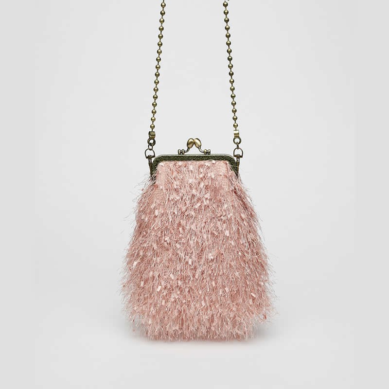 Bolso de boquilla metálica Plumas rosa palo